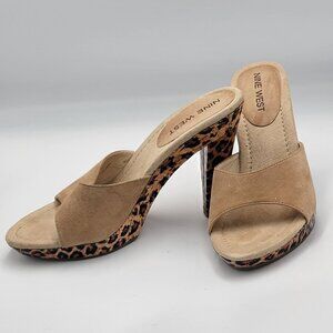 Nine West Leopard Leather Print Heeled Sandals 6M Beige Suede